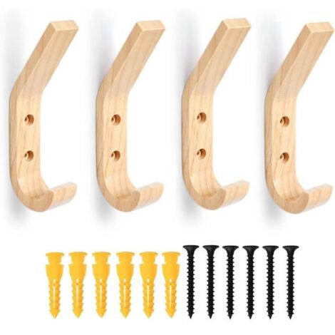 Patère - Lot de 4 Crochets Muraux - Bois Naturel - 15.5cm - Style Contemporain