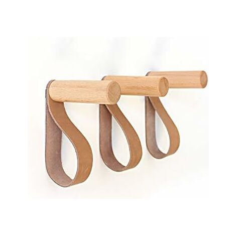 Patère Murale en Cuir Crochets Muraux en Bois Porte-Manteau Mural pour accrocher Sac Serviettes et Manteaux Décoration Scandinave Design Moderne (Lot de 3)