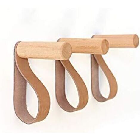 Patère Murale en Cuir Crochets Muraux en Bois Porte-Manteau Mural pour accrocher Sac Serviettes et Manteaux Décoration Scandinave Design Moderne (Lot de 3)