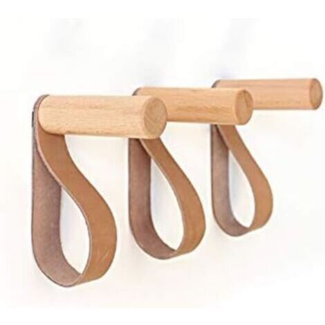 Patère Murale en Cuir Crochets Muraux en Bois Porte-Manteau Mural pour accrocher Sac Serviettes et Manteaux Décoration Scandinave Design Moderne (Lot de 3)