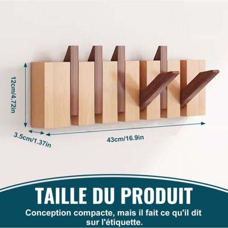 Patère Murale Rétractable à 6 Crochets en Bois Massif – Idéale pour Manteaux, Écharpes, Sacs et Accessoires – Pour Chambre ou Vestiaire