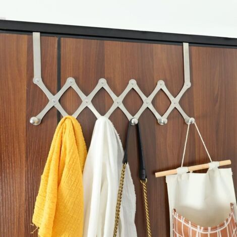 Patère Pliante, Crochet de Porte en Acier Inoxydable Brillant Argenté avec 6 PatèRes RéTractables, Longueur RéTractable Jusqu'à 65CM Sans PerçAge, Convient pour Chambre Cuisine Salle de Bain