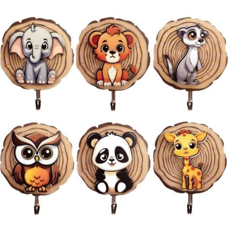 Patère pour Enfant - Lot de 6 - Crochets en Bois - Auto-adhésifs - Motifs Animaux