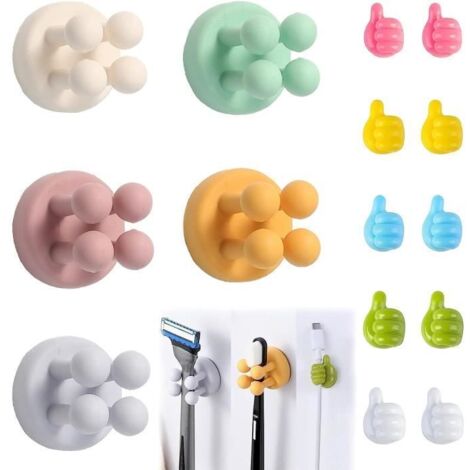 Patère,5 Pcs Crochets Adhésifs en Silicone,Porte Brosse à Dents Mural,Porte Rasoir Douche sans Perçage,10 Crochet à Main en