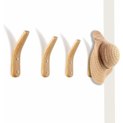 Patères en bois d'hévéa mural – Support en bois naturel – Fixation simple – Conception en V pour manteaux, chapeaux, sacs – Lot de 4 pièces – Bares