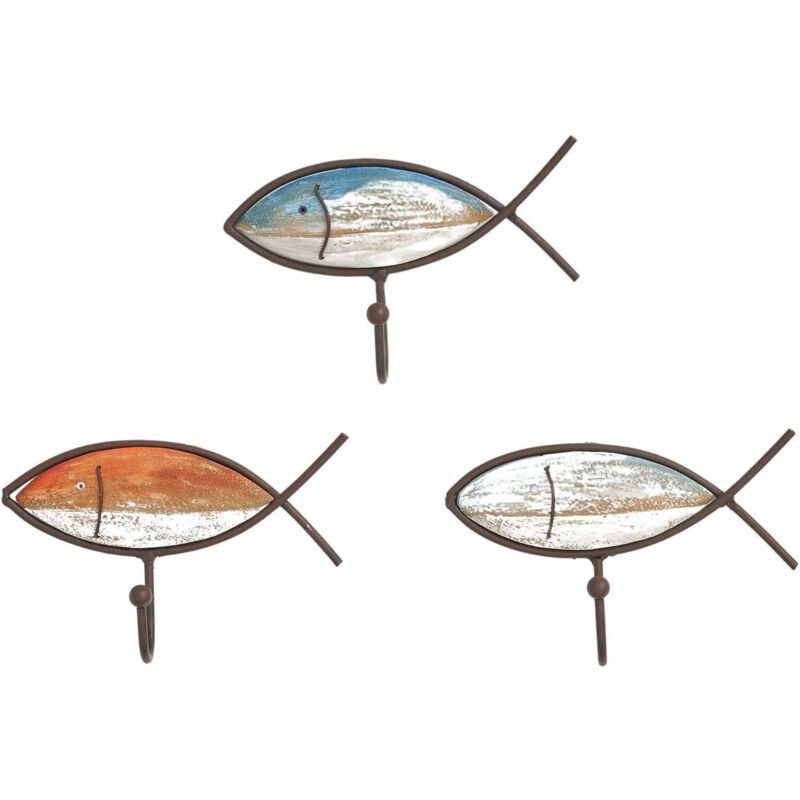 Batela - Patères en bois et métal Poissons colorés (Lot de 3)