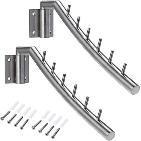 Patères inox mural 2 crochets – Charge max 30kg – Barre pivotante 180° – 6 tiges pour organiser vêtements et accessoires