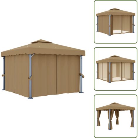 Patio al aire libre - vidaXL Cenador con cortina gris taupe aluminio 3x3 m - Sombra de aluminio