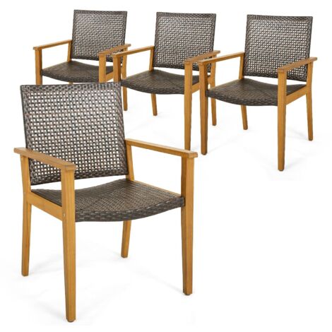 Patio Dining Chairs Set of 4 Outdoor Acacia Wood & PE Wicker Chairs