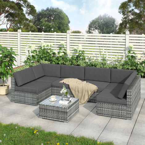Patio Outdoor Rattan Sofa Sets, 7 Pcs Sectional Lounge Furniture Set with Coffee Table and Couch Cushions, Grey