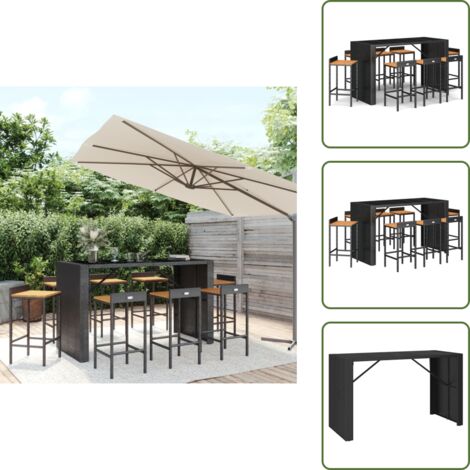 Patio - vidaXL Mesa bar y taburetes jardín 9 pzas madera acacia ratán PE negro - Muebles de exterior