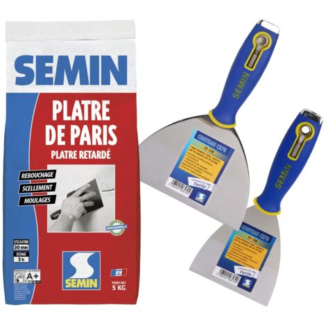 Pâtre de Paris Semin pour moulages, scellements et rebouchage - intérieur - sac de 5 kg, un couteau à enduire multifonctions CE 78 - 10 cm et un couteau à enduire - 15 cm