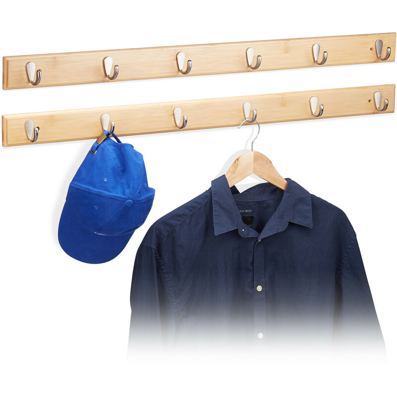 2x Portemanteaux patères muraux bambou, serviettes manteaux, couloir, entrée, 6 crochets, HxlxP: 6 x 88 x 5 cm, nature