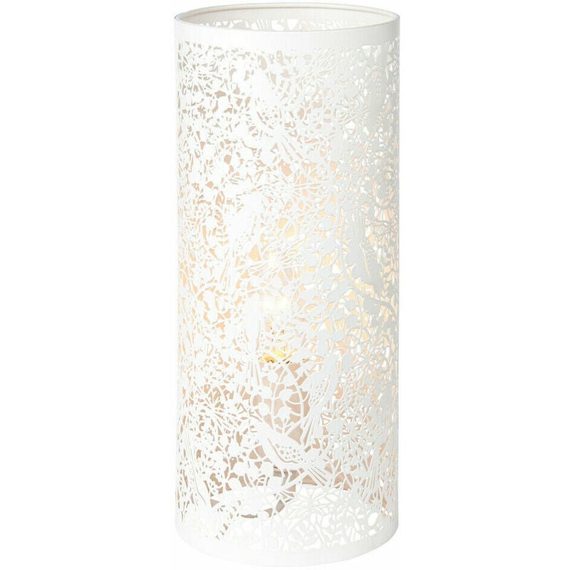 Pattern Table Lamp Light Matt Ivory Floral Bird Metal Cylindrical Shade Modern