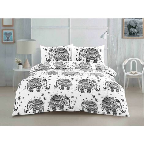 Patterned Elephant Duvet Cover Set Animal Bedding Black and White - Double