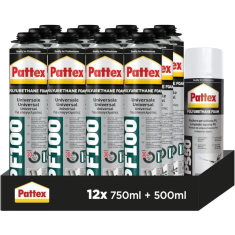 Pattex 100 Espuma de poliuretano universal Pistola12x750ml + Limpiador 500ml