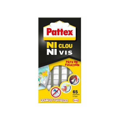 Pattex Ni Clou Ni Vis pâte de fixation , pastilles adhésives repositionnables blanches faciles à enlever, pâte collante pré-découpée pour papier, poster, décoration légère - 65 pastilles