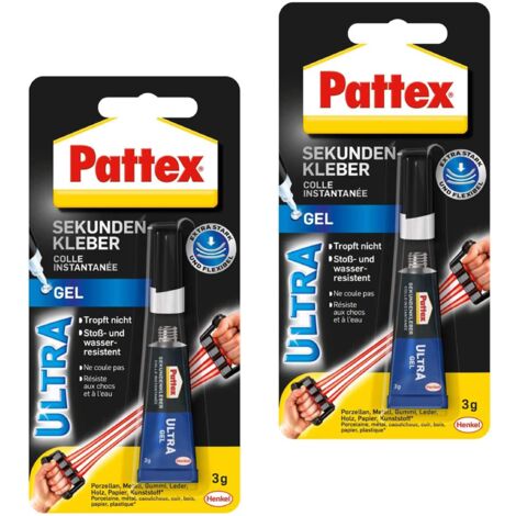 Pattex Instant Adhesive Ultra, 2X 3 g supercolla Extra Forte e Flessibile, Colla per riparazioni Resistente agli Urti e all'Acqua con consistenza Gel per Gomma, Pelle, Legno, ECC, 9H PSG2CX ST