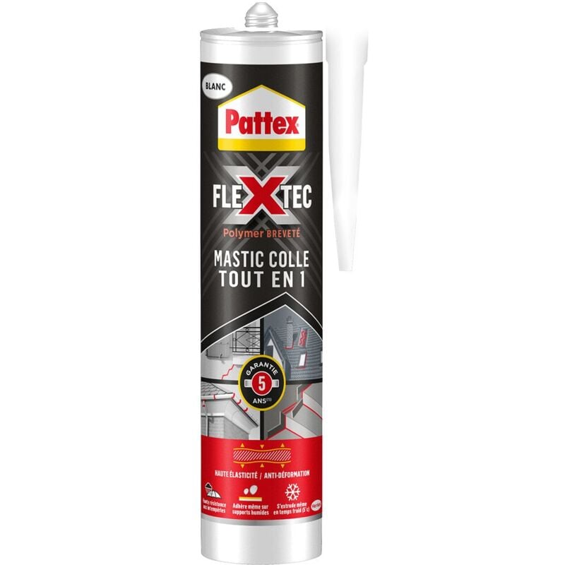 Pattex - flextec Colle-Mastic tout en 1, Colle de fixation à base de polymère, convient en Intérieur et Extérieur - blanc - cartouche 389g