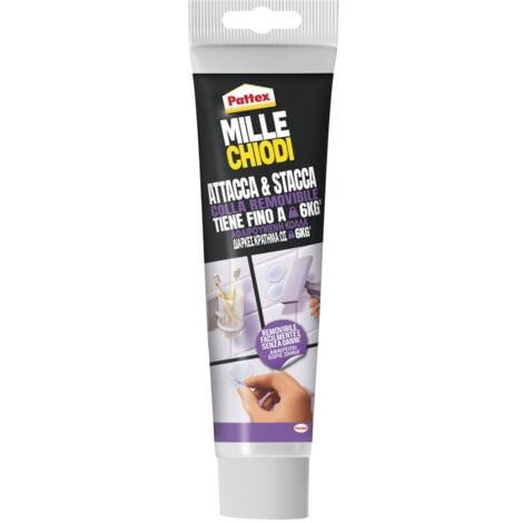 Pattex Millechiodi Attacca & Stacca, Adesivo di Montaggio, Colla Forte Attacca Tutto per Mensole, Scaffali e Appendiabiti a Parete, Adesivo Forte Facilmente Rimovibile, 1 Tubo da 44 g