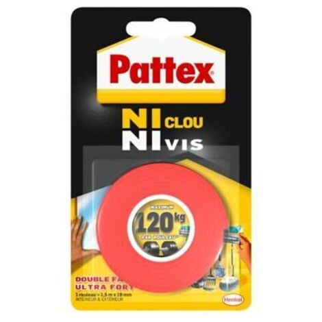 Pattex Ni Clou Ni Vis Double Face, Ruban adhésif double face ultra résistant pour fixation permanente, Adhésif de montage pour intérieur & extérieur, 19 mm x 1,5 m