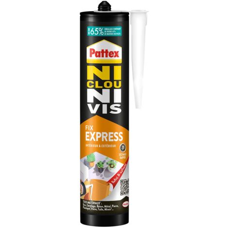 Pattex Ni Clou Ni Vis Fix Express, colle de fixation express, séchage en 20 min, colle forte résistante à l'humidité, mastic blanc, cartouche de 390 g