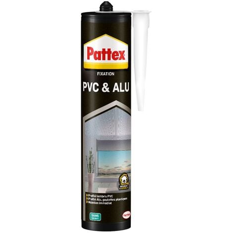 Pattex PVC & ALU, mastic colle pour fixations sur PVC & Aluminium, collage haute performance sur supports humides en intérieur & extérieur, colle blanche en cartouche de 450 g