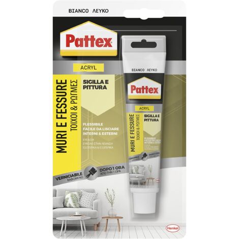 Pattex Sigillante Bianco Muri e Fessure, Acrilico, Verniciabile, per Facciate, Giunti, Fessure, Inodore, Uso Interno, Senza Solventi, Tubo da 50 ml