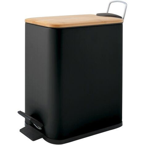 Pattumiera bagno 5 Lt in acciaio con coperchio in bambù nera con apertura a pedale Rexa