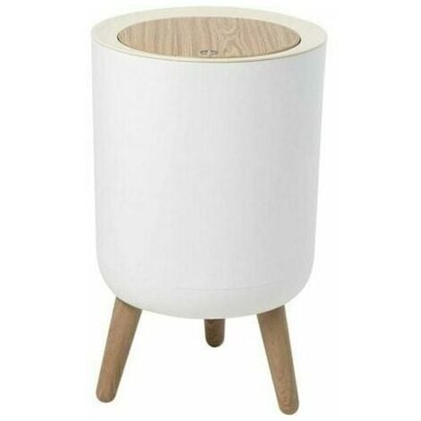Pattumiera da bagno da 7 litri, pattumiera con coperchio a pressione, pattumiera bianca, pattumiera con treppiede in legno, pattumiera in plastica per cucina, bagno, camera da letto e ufficio