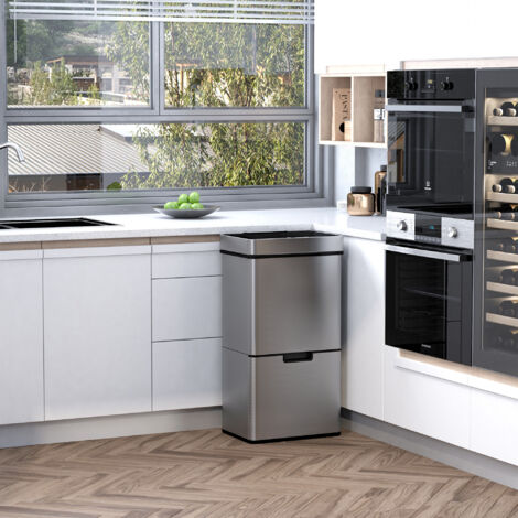 Pattumiera Differenziata con Sensore, 3 Scomparti 47+2x12.5L, Pattumiera Automatica da Cucina, Cestino Spazzatura con Coperchio e Cestini Interni Rimovibili in Acciaio Inox, 42x30x81cm, Argento