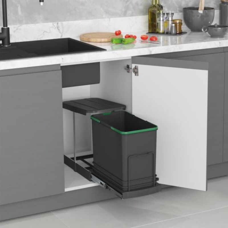 Poubelle de recyclage Recycle pour cuisine, 24 l, fixation au fond et extraction manuelle/automatique, Plastique gris antracite - Emuca