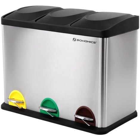 SONGMICS Pattumiera per Raccolta Differenziata da cucina 45 Litri con Pedale in Acciaio Inossidabile 3 Contenitori di 15 Litri