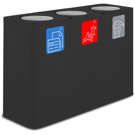 Pattumiera Sistema di Raccolta Rifiuti 115x38xh80 cm in Acciaio 3 Scomparti Nero