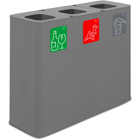 Pattumiera Sistema di Raccolta Rifiuti 90x30xh80 cm In Acciaio Verniciato 3 Scomparti Grigio