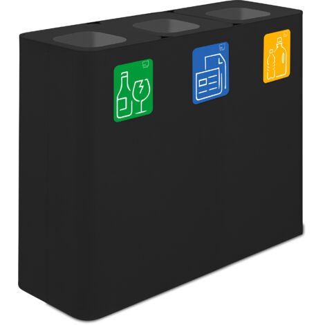 Pattumiera Sistema di Raccolta Rifiuti 90x30xh80 cm In Acciaio Verniciato 3 Scomparti Nero