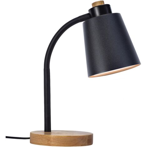 FORLIGHT Pau Lámpara de Escritorio de Estilo Nórdico. Flexo de Escritorio E27 de Acero Negro y Madera Clara Natural