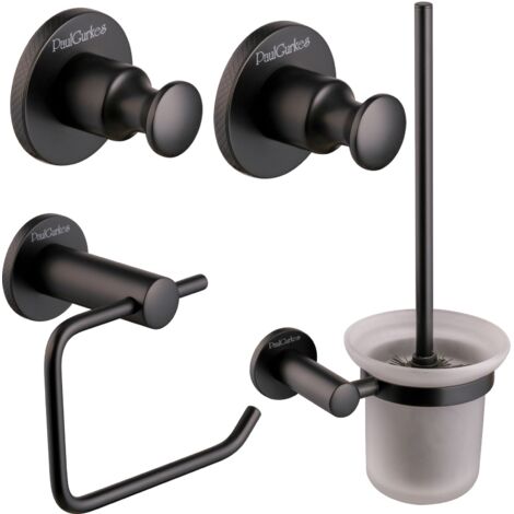 PaulGurkes Bad-Accessoires Set Matt-Schwarz 2x Haken Bürste WC-Papierhalter