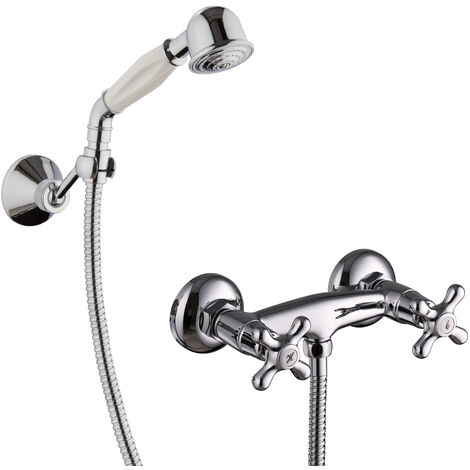 PaulGurkes Duscharmatur Zweigriffmischer Aufputz Handbrause Halter Retro