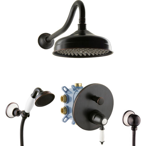 PaulGurkes Duschsystem Nostalgie Schwarz Retro Regendusche Unterputz Komplett