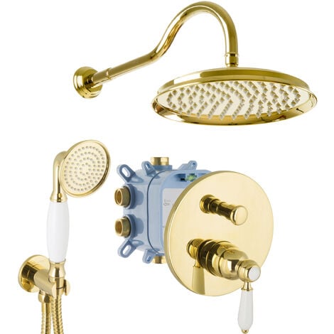 PaulGurkes Duschsystem Unterputz Gold Einhandmischer Nostalgie Retro Landhausstil Dusch-Set 25cm