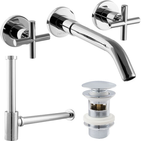 PaulGurkes Set 3-Loch Unterputz Kreuzgriff Waschtischarmatur Excenter Siphon