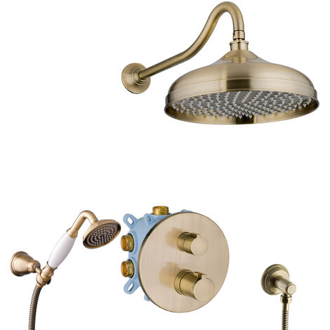 PaulGurkes Thermostat Duschset Duschsystem Retro Nostalgie Messing Bronze Unterputz 30cm
