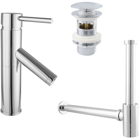 PaulGurkes Waschtischarmatur rund Wasserhahn Set Siphon Pop Up Excenter Chrom