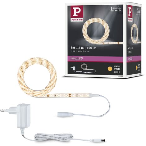 Paulmann 78953-Set LED SimpLED, 1,5 m, luce calda, 230/12 V DC, incl. 1 striscia luminosa bianca da 5 Watt, in plastica, 3000 K, 1,5m