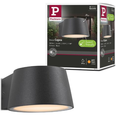 Paulmann 94713 Lampada da parete LED Capea delicata per gli insetti IP44 96x128mm 2200K 6W 550lm 230V 98° nero alluminio luce oro luce da parete