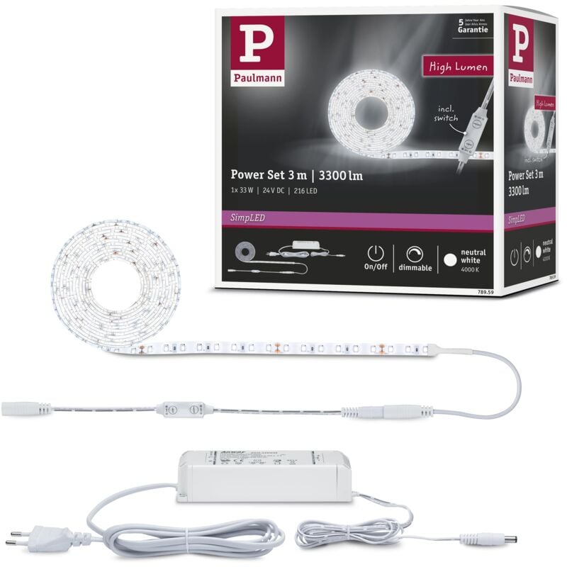 Paulmann - Power Neutral White 78959 Strip led SimpLED Alimentazione con dimmer su Cavo da 3m 1100lm/m incl. 1x33 Watt IP44 dimmerabile Bianco