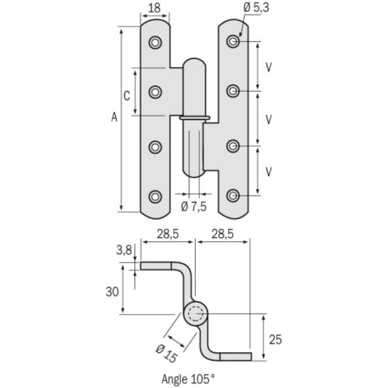 Paumelle droite menuiserie bois renforcée nœuds ronds contrecoudées à 105° lames à bouts ronds acier 190 x 80 x 100 mm - faure