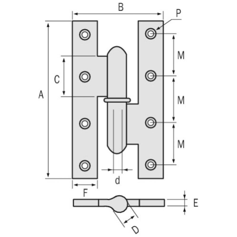 Paumelle gauche menuiserie bois renforcée nœuds ronds grand écartement avec lames à bouts carrés acier 140 x 80 mm - faure