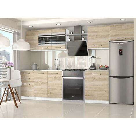 PAVANE  Cocina modular completa lineal L 300 / 180cm 9 piezas  Encimera INCLUIDO  Conjunto de armario de muebles de cocina